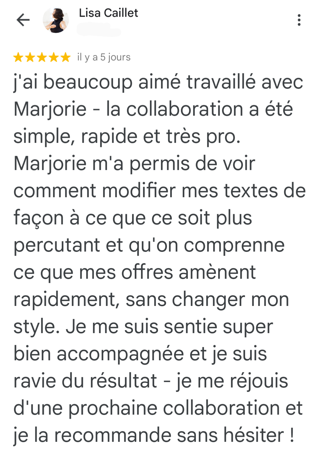 Témoignage élogieux de Lisa suite à son audit avec moi.